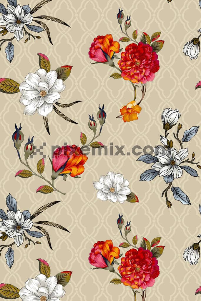 Florals and leaf hand product graphic with seamless repeat pattern