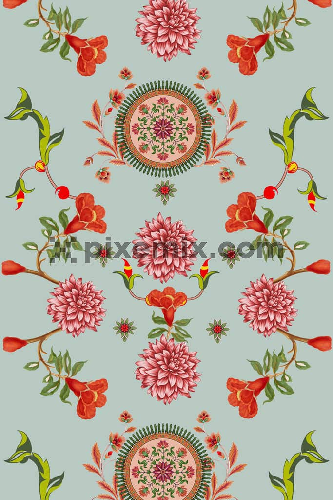 Florals and leaf hand product graphic with seamless repeat pattern