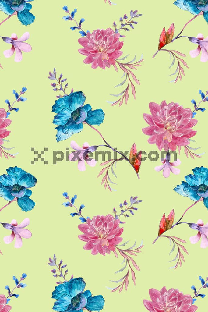 Watercolor floral and leaf product graphic with seamless repeat pattern