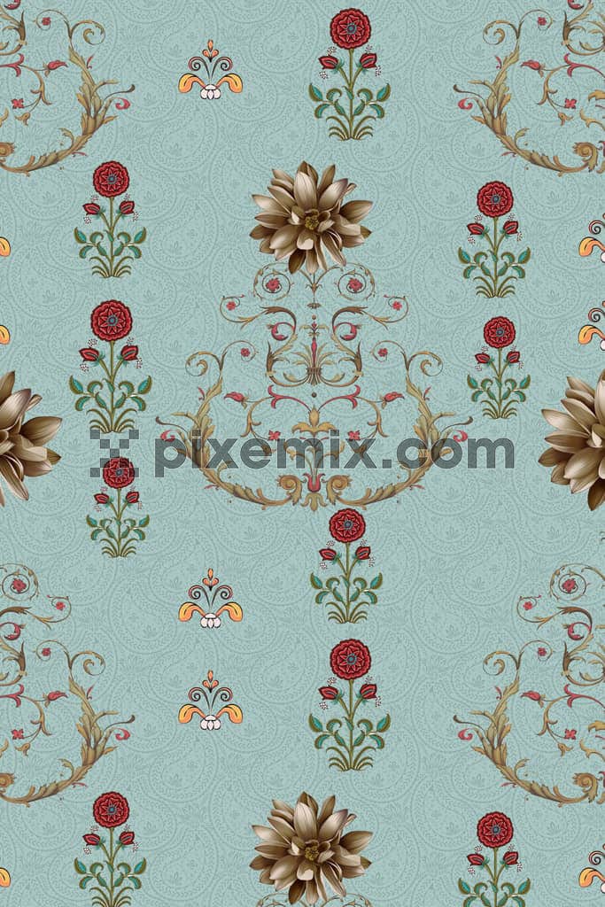 Paisley with florals art product graphic with seamless repeat pattern
