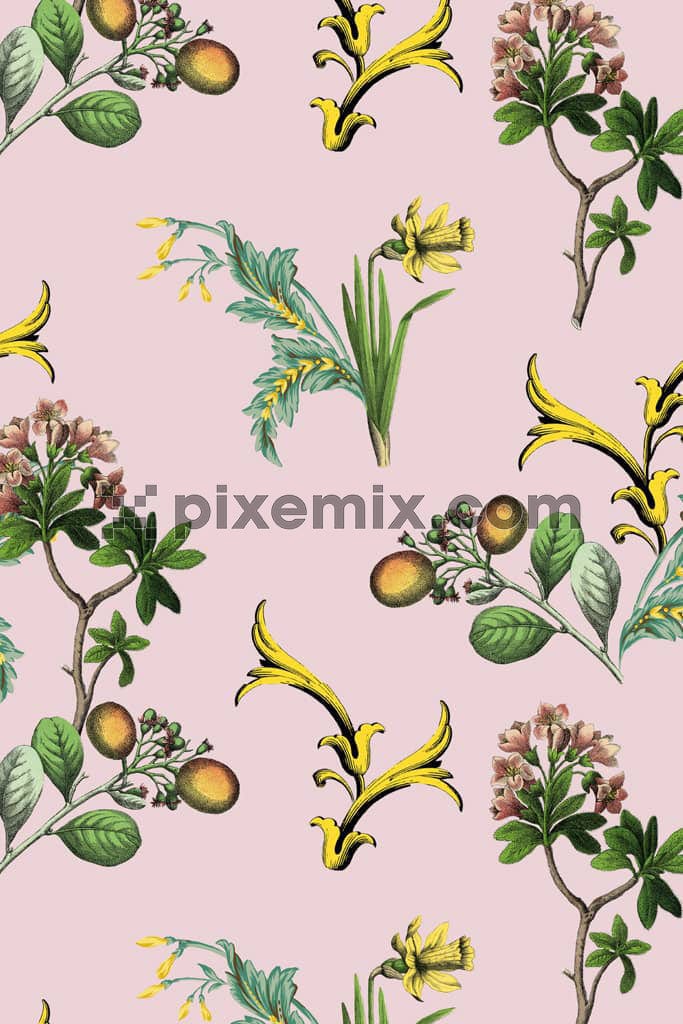 Tropical leaf and fruits product graphic with seamless repeat pattern