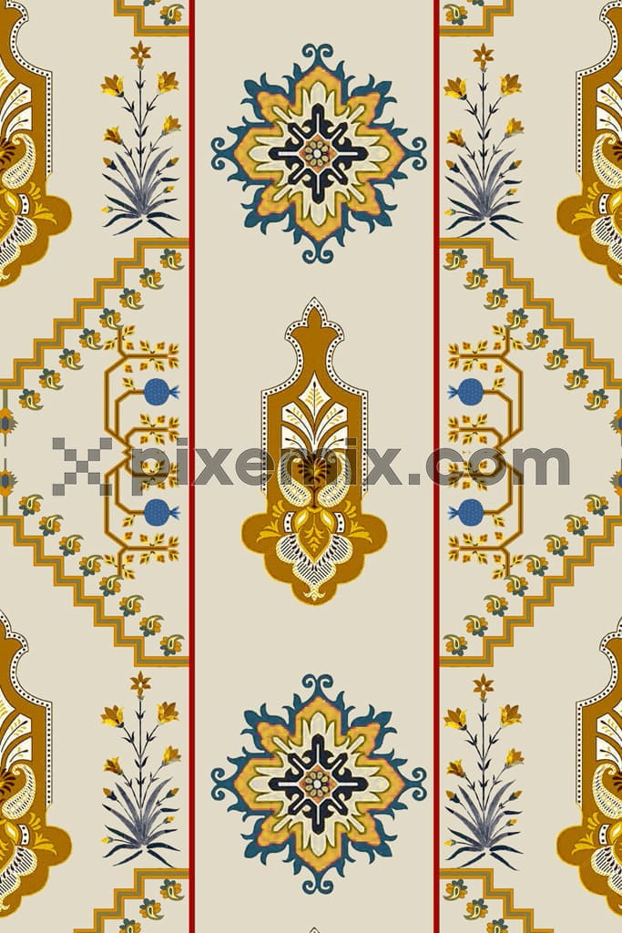 Persian inspired florals and leaf product graphic with seamless repeat pattern