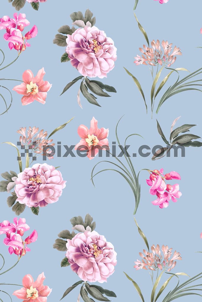 Tropical leaf and floral product graphic with seamless repeat pattern