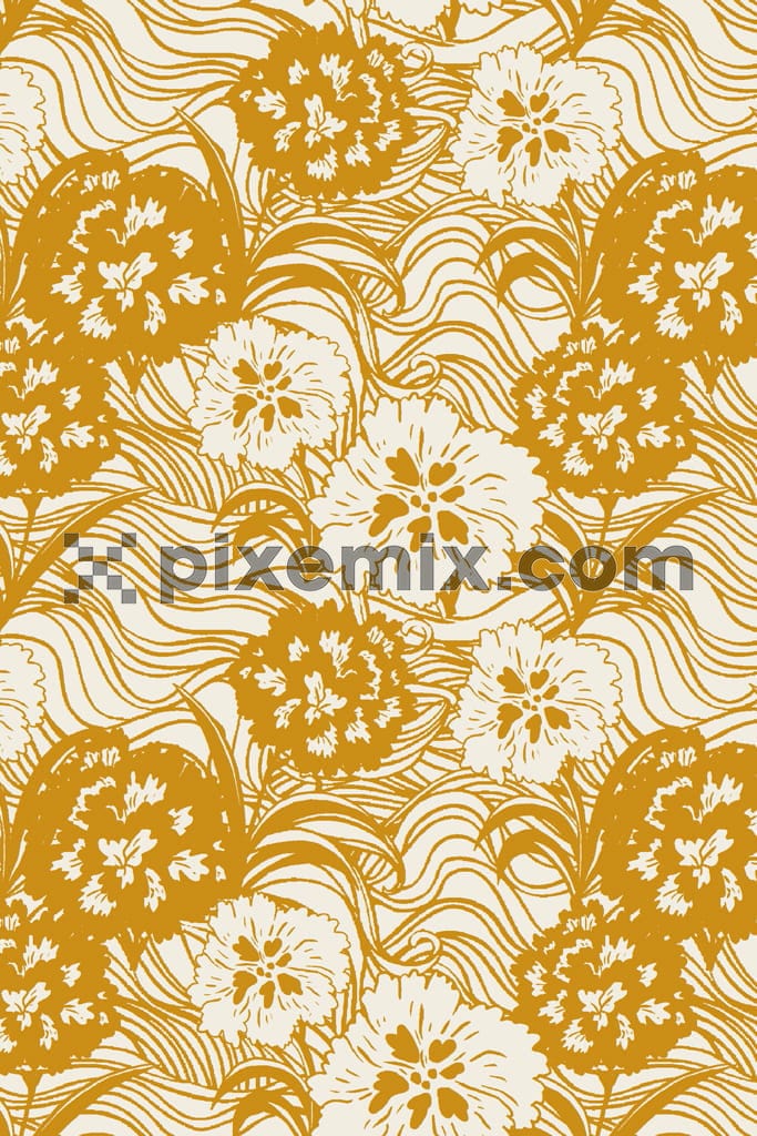 Doodle-art inspired floral and leaf product graphic with seamless repeat pattern