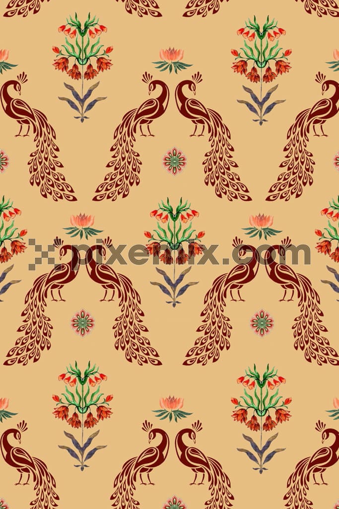 Pecock with florals product graphic with seamless repeat pattern