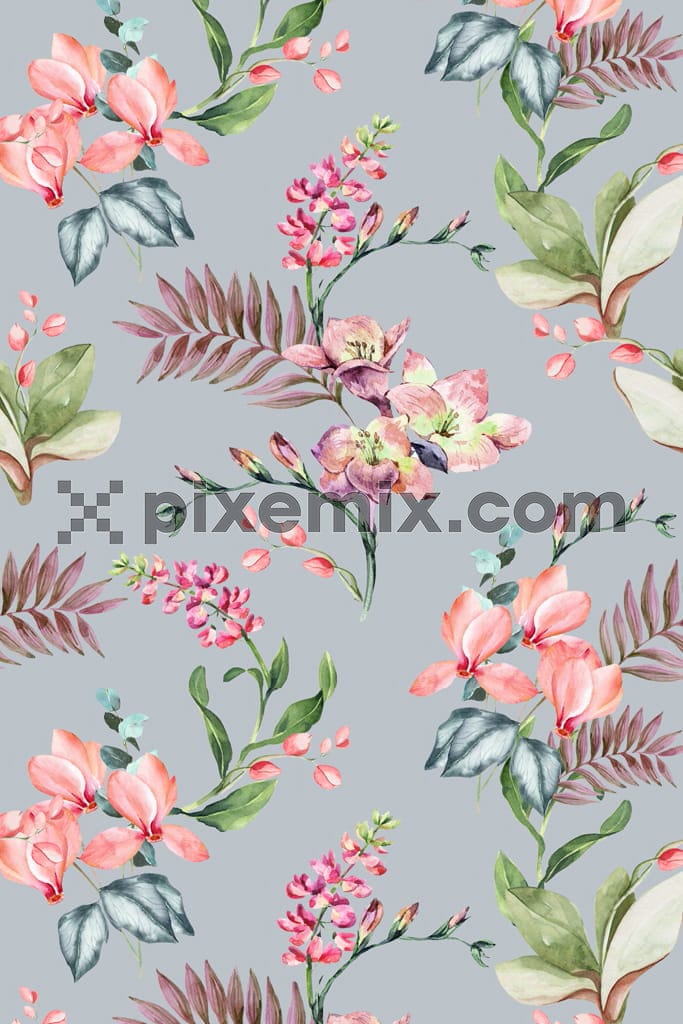 Tropical florals and leaf product graphic with seamless repeat pattern