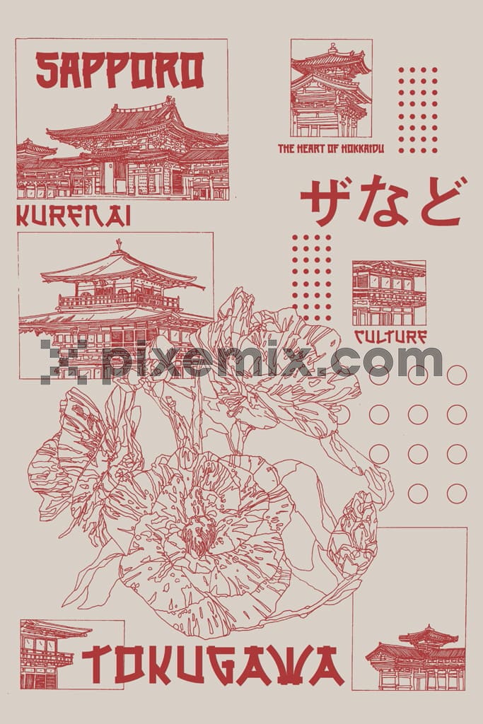 Oriental inspired doodle floral and house product graphic