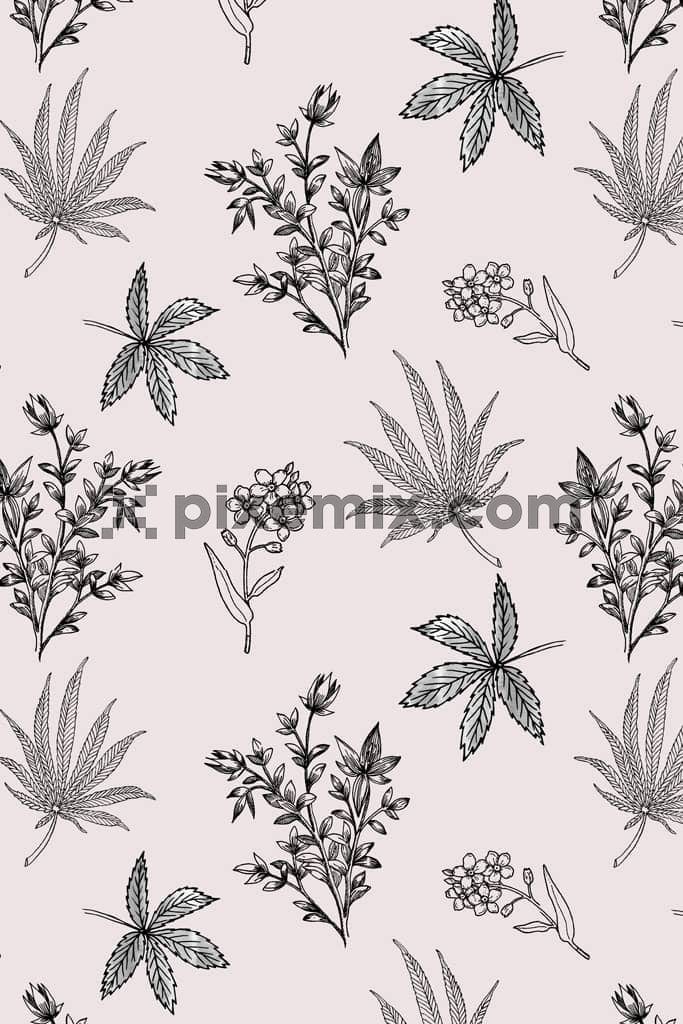 Monochrome leaf and florals product graphic with seamless repeat pattern