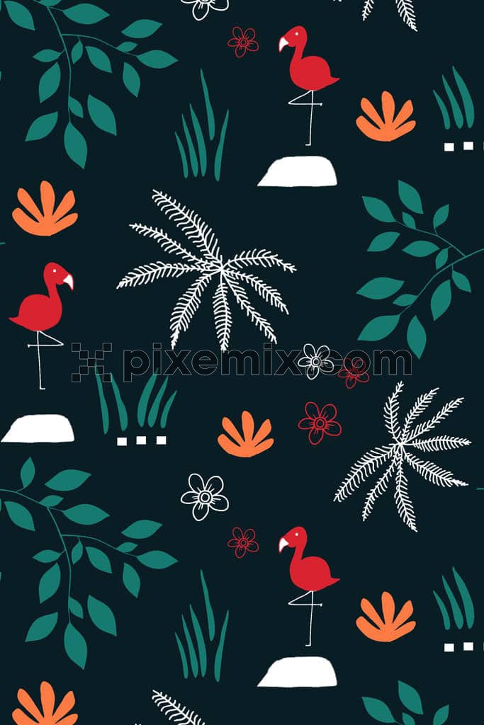 Vector leaf and flamingo product graphic with seamless repeat pattern