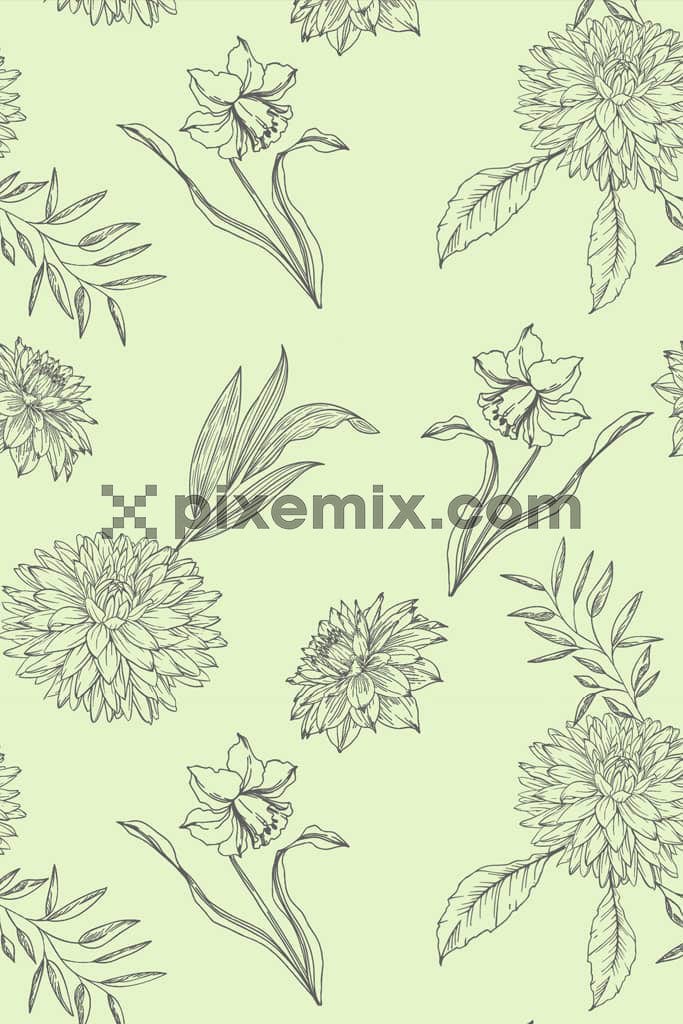 Lineart florals and leaf product graphic with seamless repeat pattern