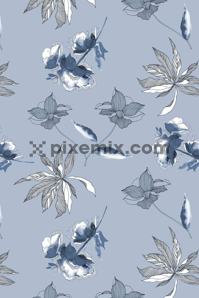 Watercolor florals and leaf product graphic with seamless repeat pattern