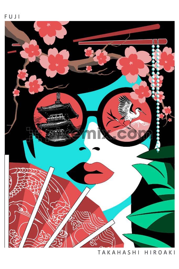 Oriental art inspired girl face and florals product graphic