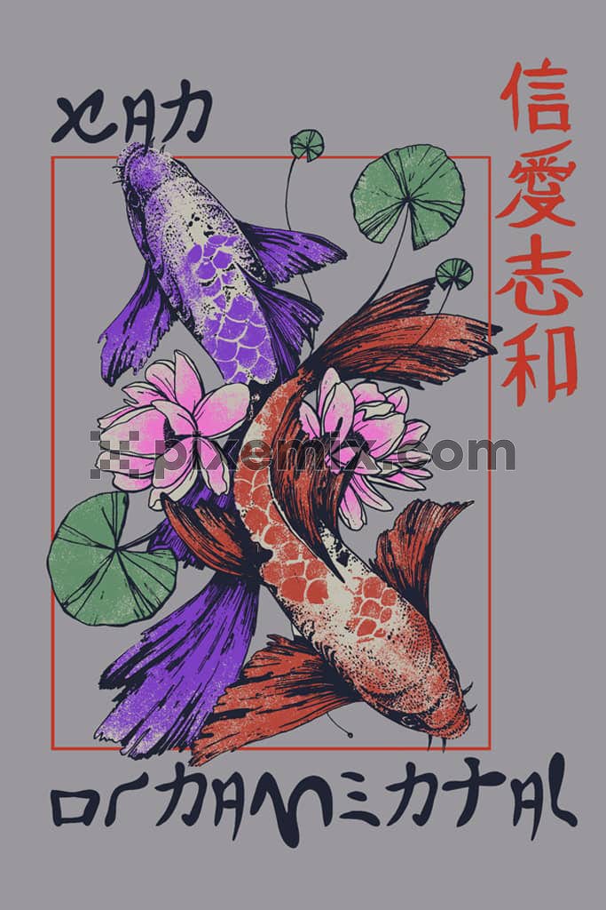 Oriental inspired koi fish and lotus florals product graphic