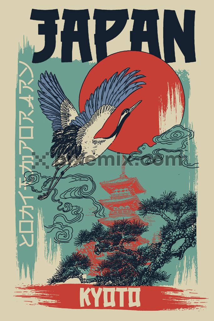 Oriental inspired flying crane with typography product graphic