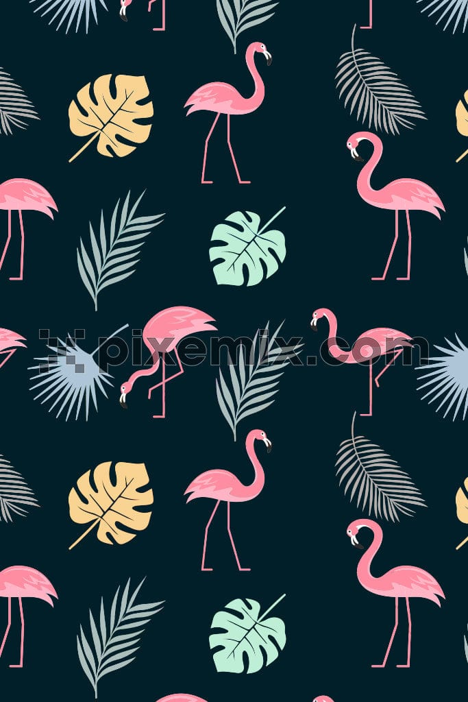 Tropical flamingo and leaf product graphic with seamless repeat pattern