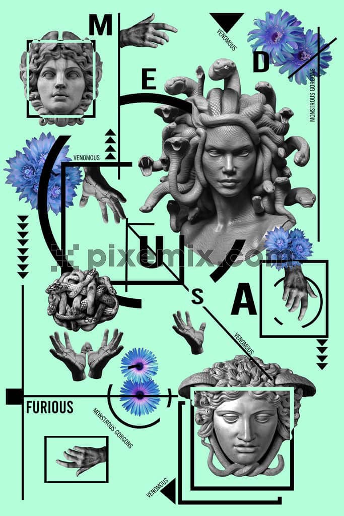 Medusa statue and florals product graphic