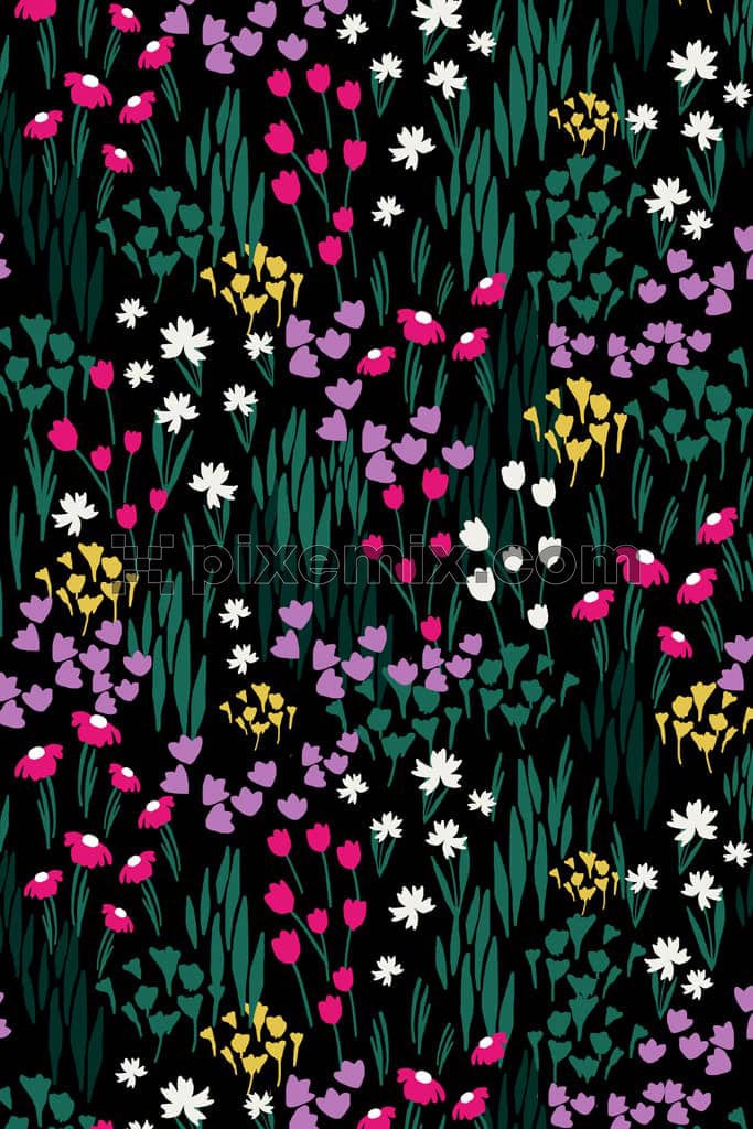 Doodel art florals and leaf product graphic with seamless repeat pattern