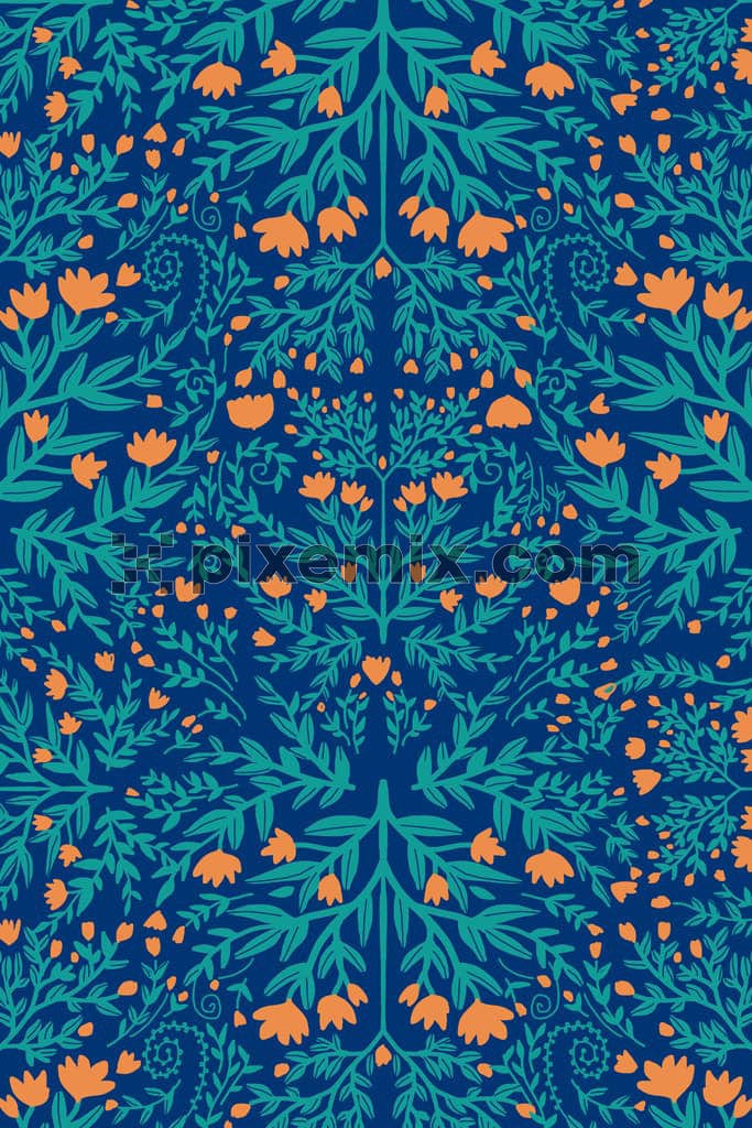 Doodle art inspired florals and leaf product graphic with seamless repeat pattern