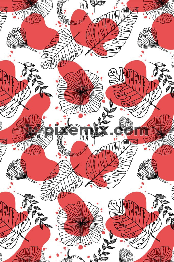 Lineart leaf and florals product graphic with seamless repeat pattern