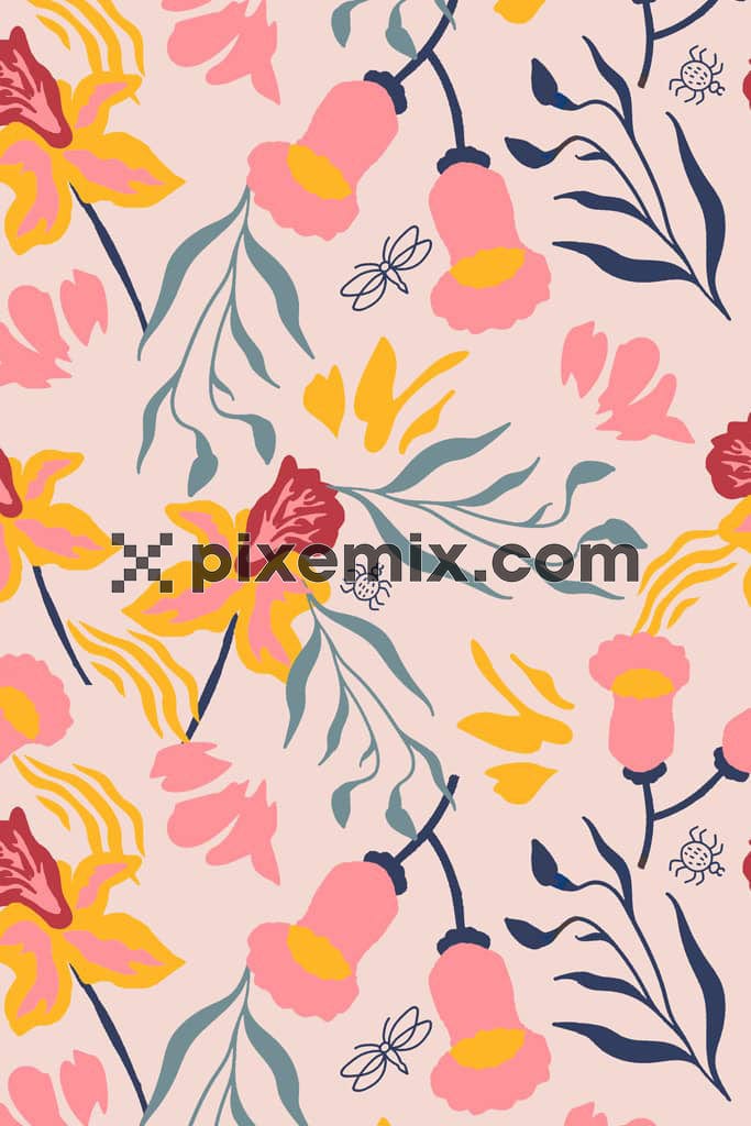 Doodle art florals and leaf product graphic with seamless repeat pattern