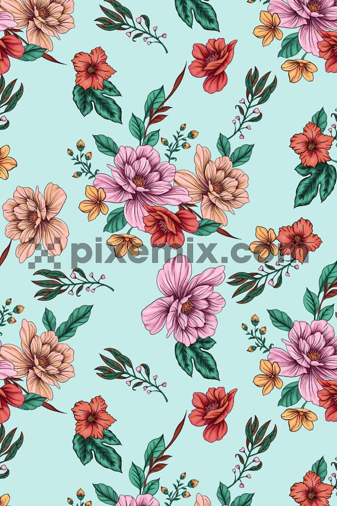 Hand illustrator inspired floral and leaf product graphic with seamless repeat pattern