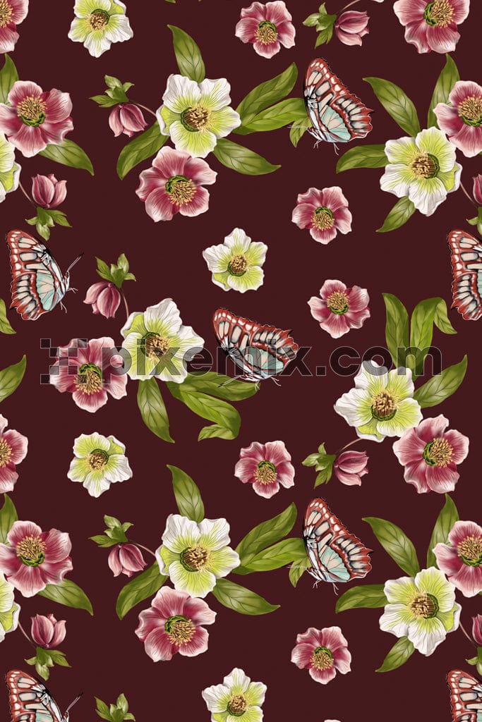Vector floral and butterfly product graphic with seamless repeat pattern