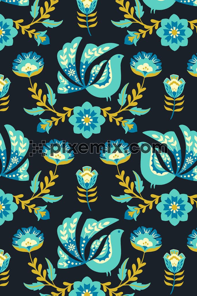 Vector birds and floral product graphic with seamless repeat pattern
