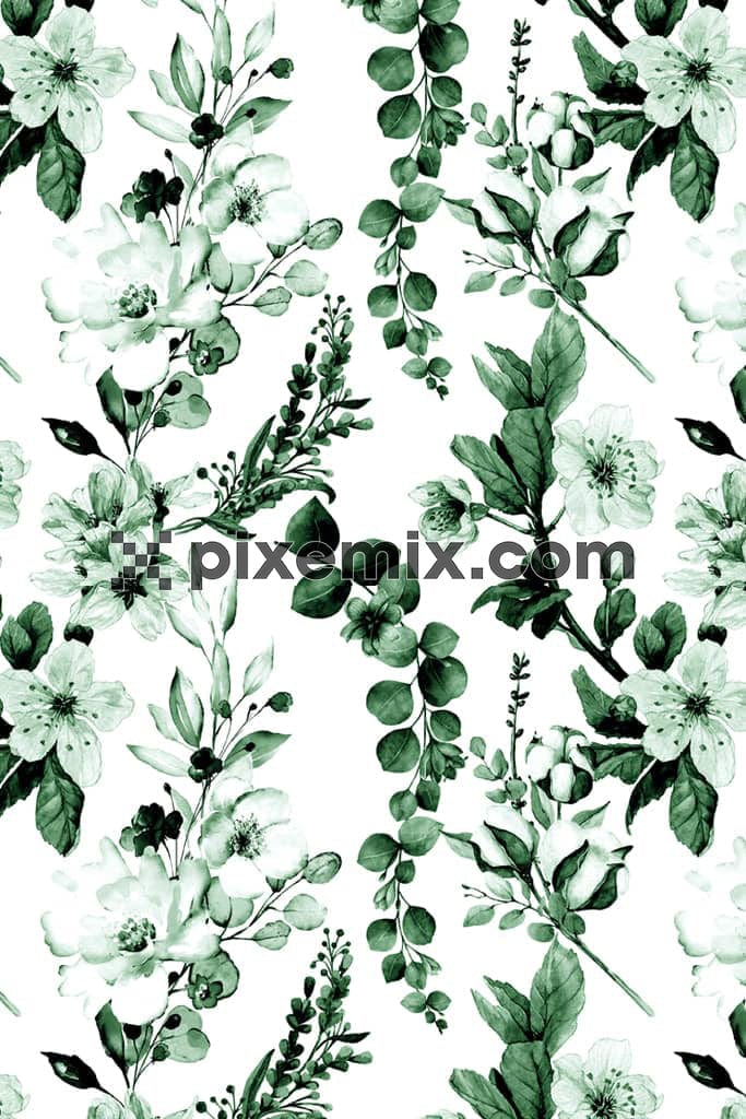 Watercolor leaf and floral premium product graphic with seamless repeat pattern