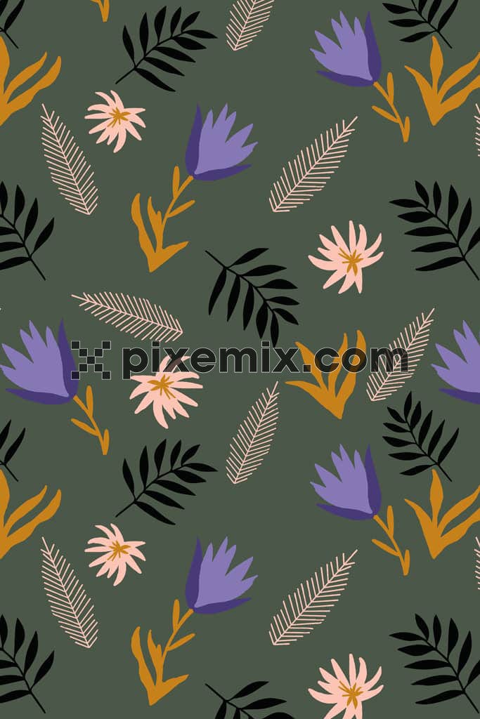 Doodle art leaf and floral product graphic with seamless repeat pattern