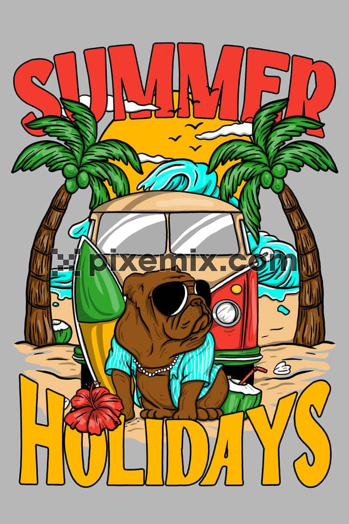 Summer inspired cartoon dog and beach product graphic