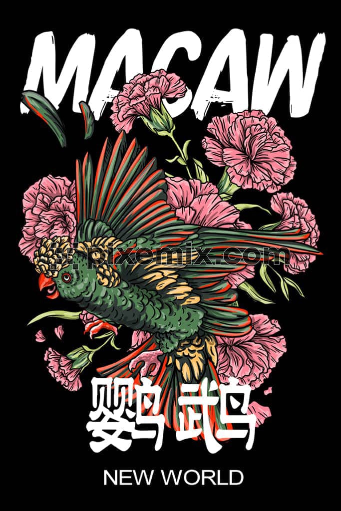 Oriental inspired macaw bird  and florals product graphic