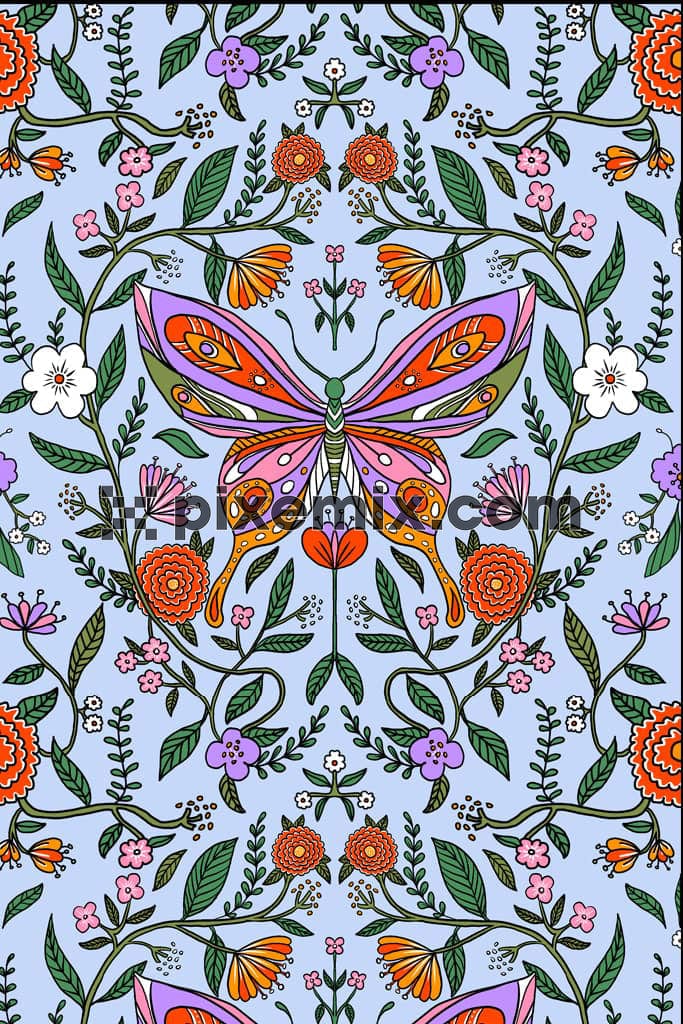 Vector butterfly and florals product graphic with seamless repeat pattern