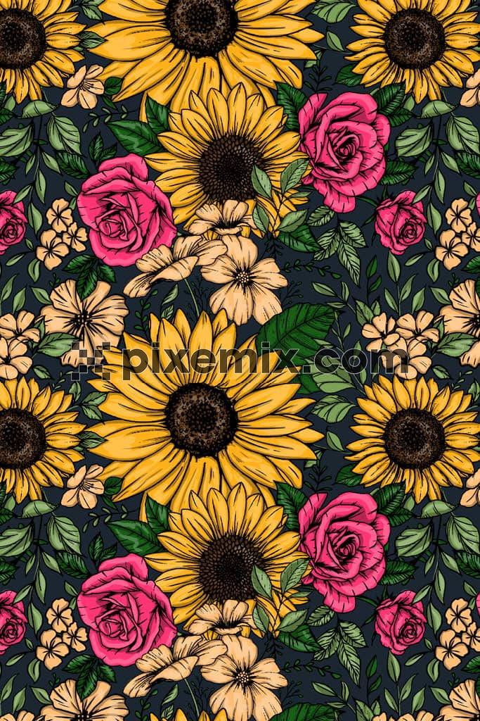 Digital floral and leaf product graphic wioth seamless repeat pattern
