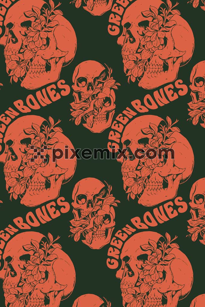 Monochrome skull and florals product graphic with seamless repeat pattern
