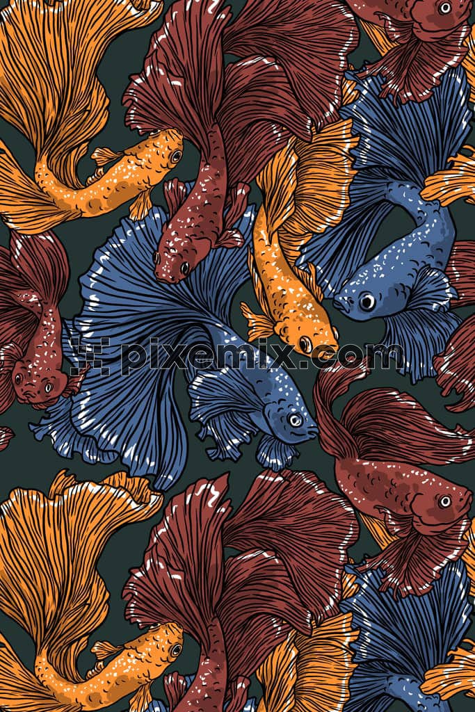 Oriantal fish product graphic with seamless repeat pattern