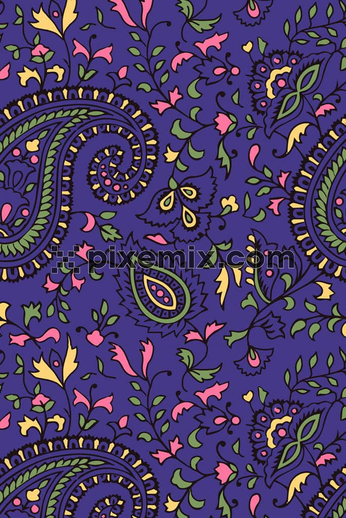 Paisley art and leaf product graphic with seamless repeat pattern