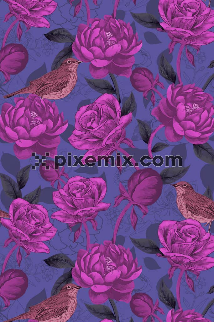 Digital florals and birds product graphic with seamless repeat pattern