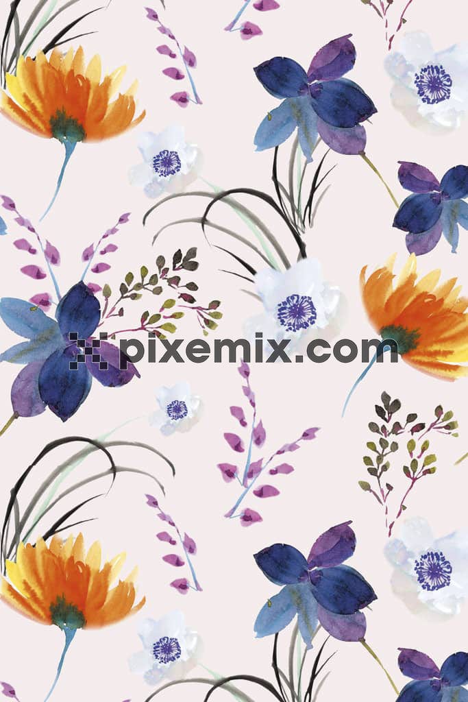 Digital leaf and florals product graphic with seamless repeat pattern