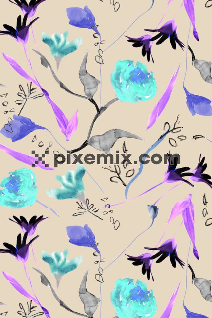 Abstract florals and leaf product graphic with seamless repeat pattern