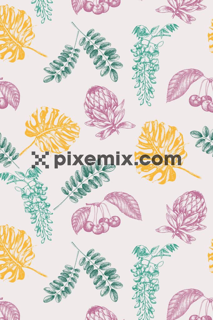 Watercolor floral and fruits product graphic with seamless repeat pattern
