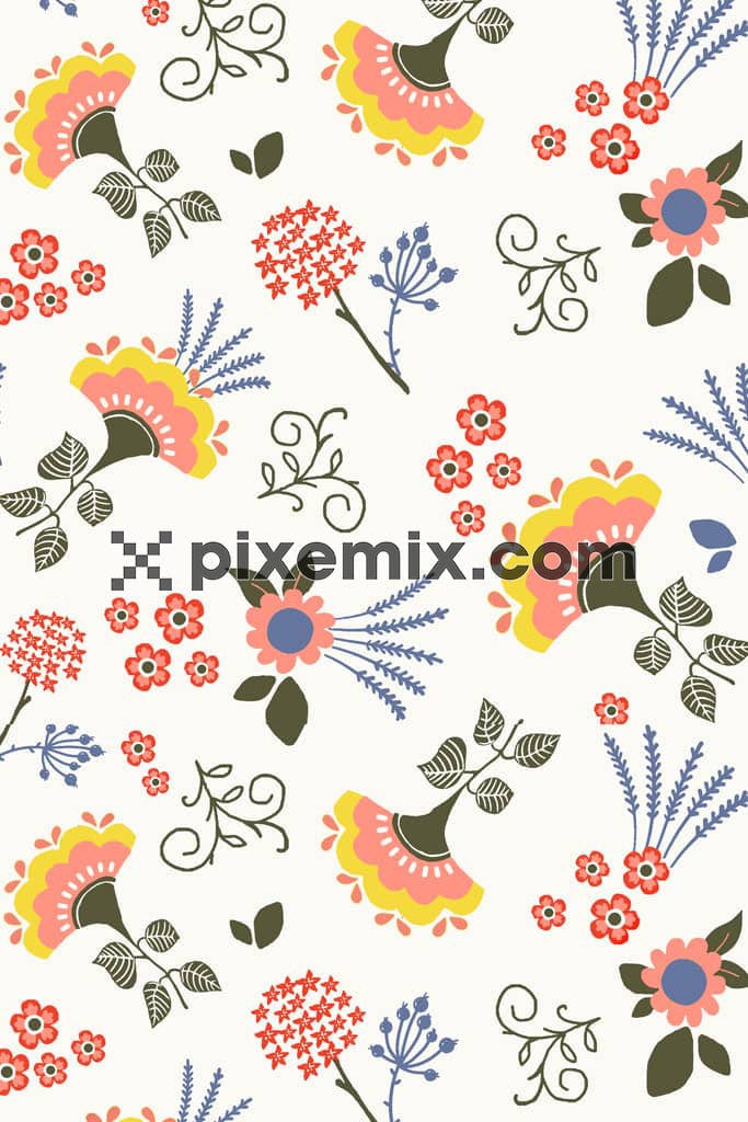 Doodle floral and leaf product graphic with seamless repeat pattern