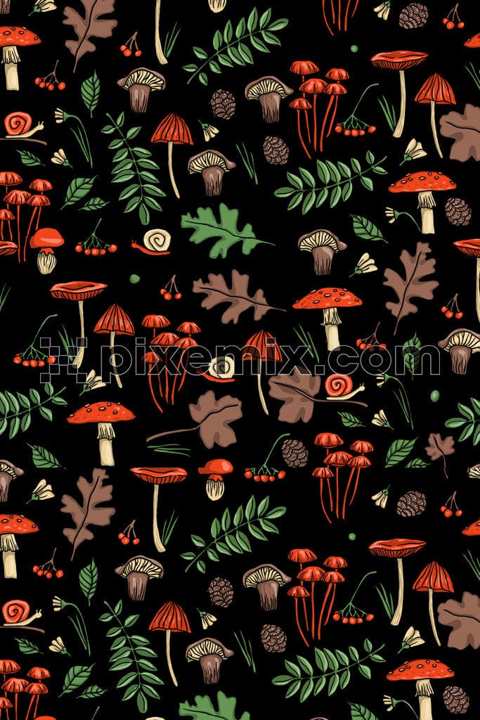 Tropical mushroom and leaf product graphic with seamless repeat pattern