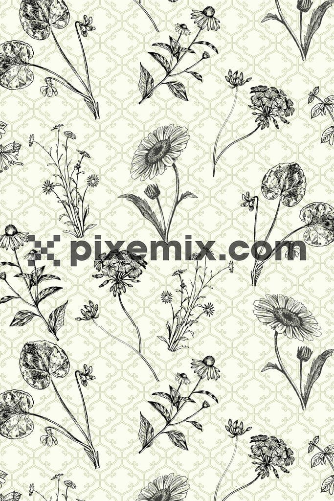 Monochrome floral and leaf product graphic with seamless repeat pattern