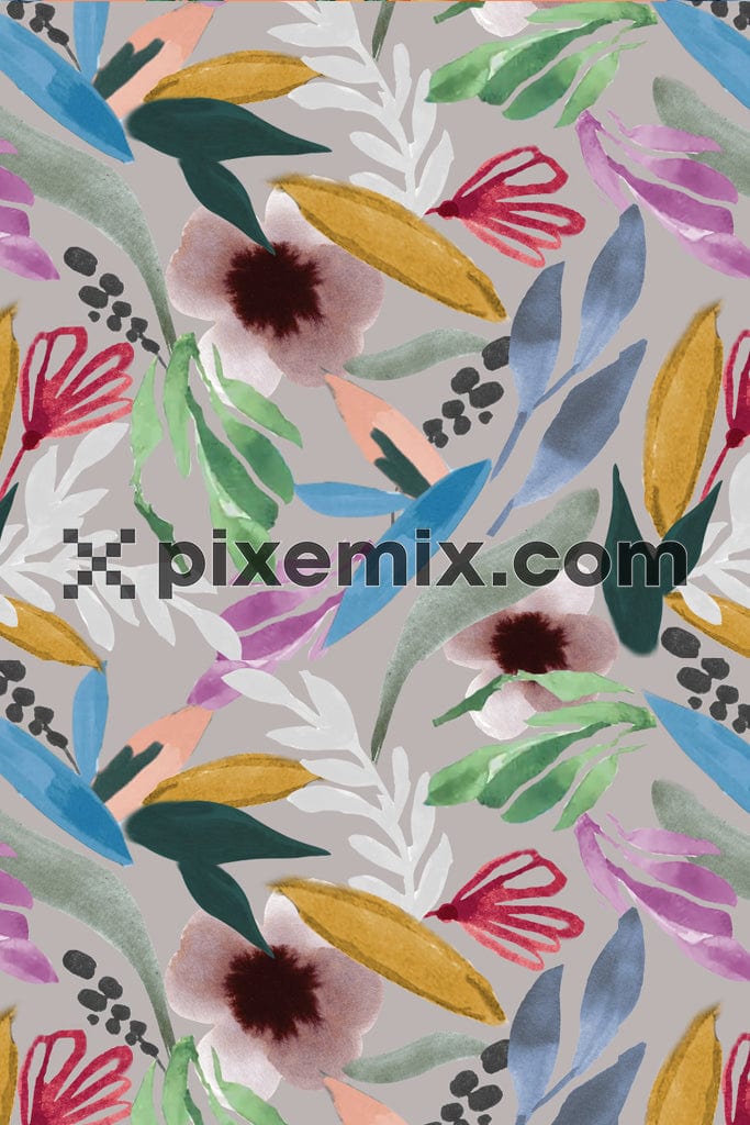 Abstract watercolor florals and leaves product graphic with seamless repeat pattern