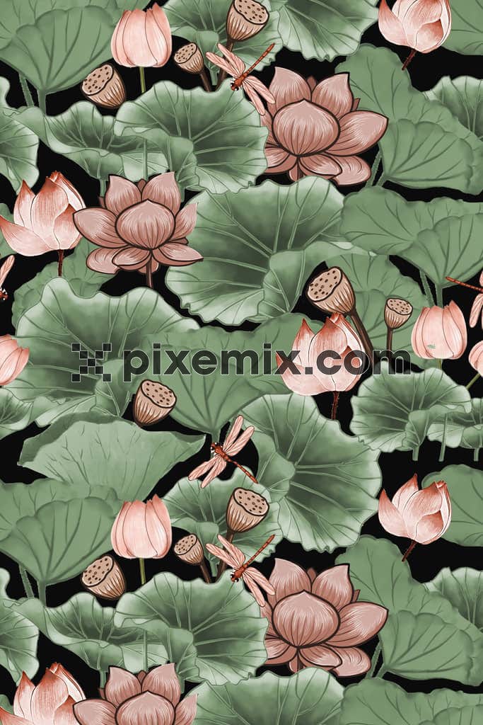 Digital art inspired lotus flower and dragonfly product graphic with seamless repeat pattern