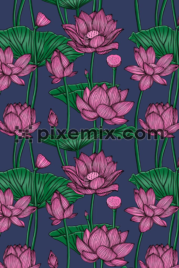 Digital art inspired lotus flower and leaf product graphic with seamless repeat pattern