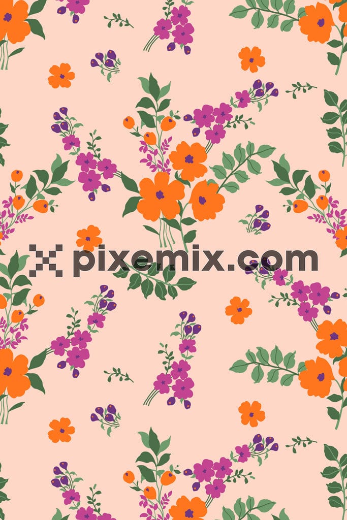 Doodleart inspired florals and leaves product graphic with seamless repeat pattern