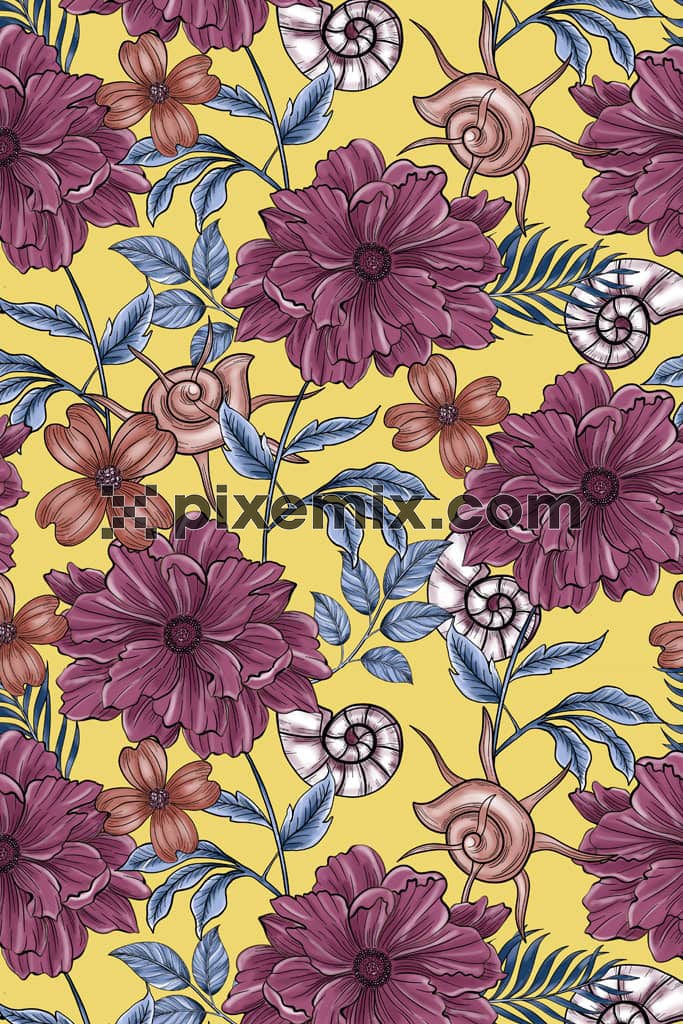 Digital art inspired florals and leaf product graphic with seamless repeat pattern