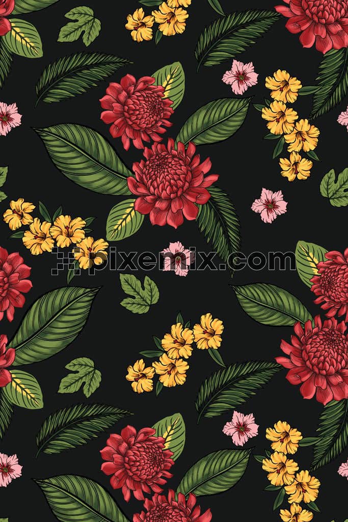 Digital art inspired florals and leaves product graphic with seamless repeat pattern