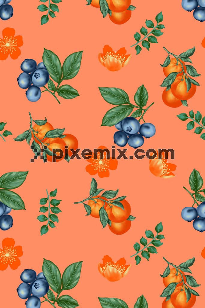 Digital art inspired fruits and florals product graphic with seamless repeat pattern